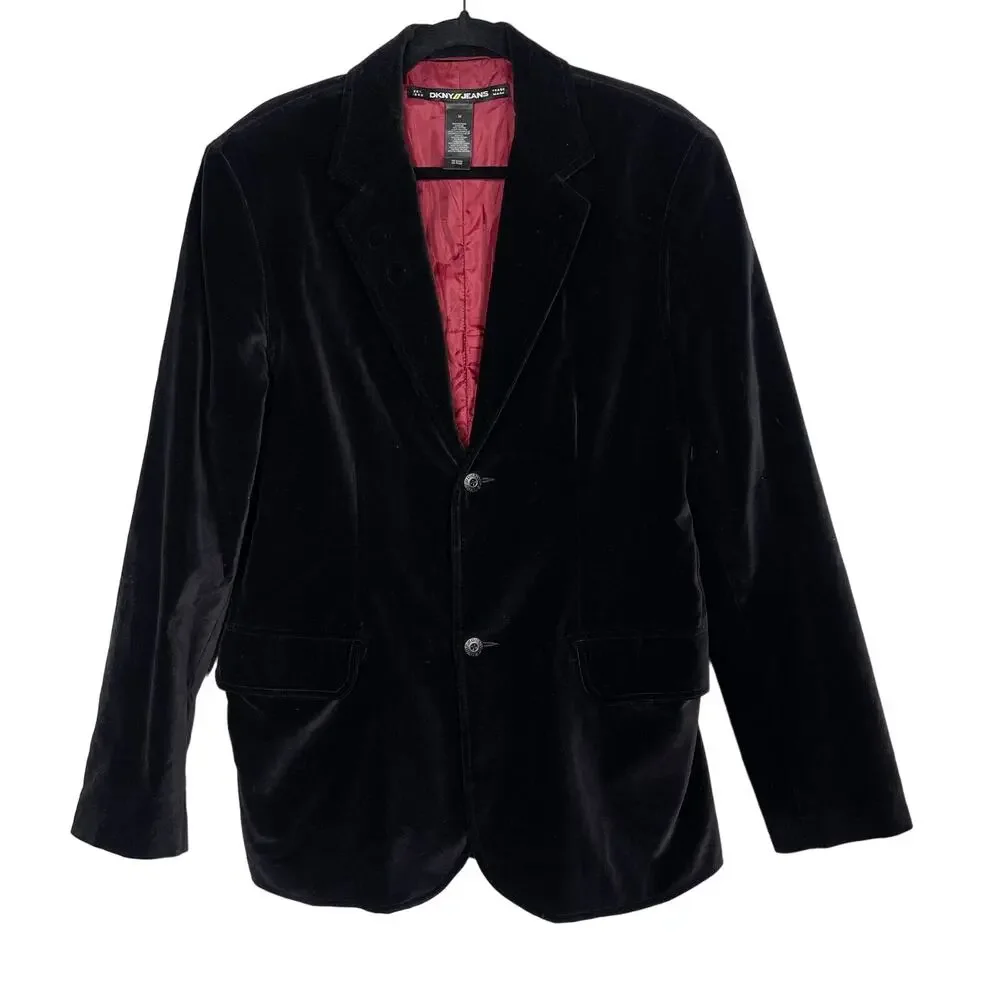 DKNY Mens Medium M Black Velvet Blazer Sport Coat Cotton Two Button Notch Collar